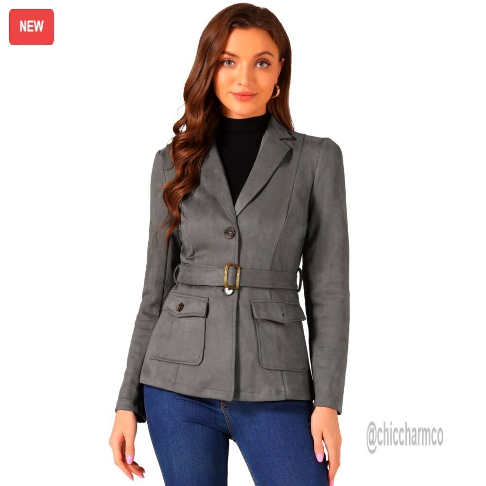 Faux Suede Blazer Jacket Belted Lapel Work Casual Lightweight